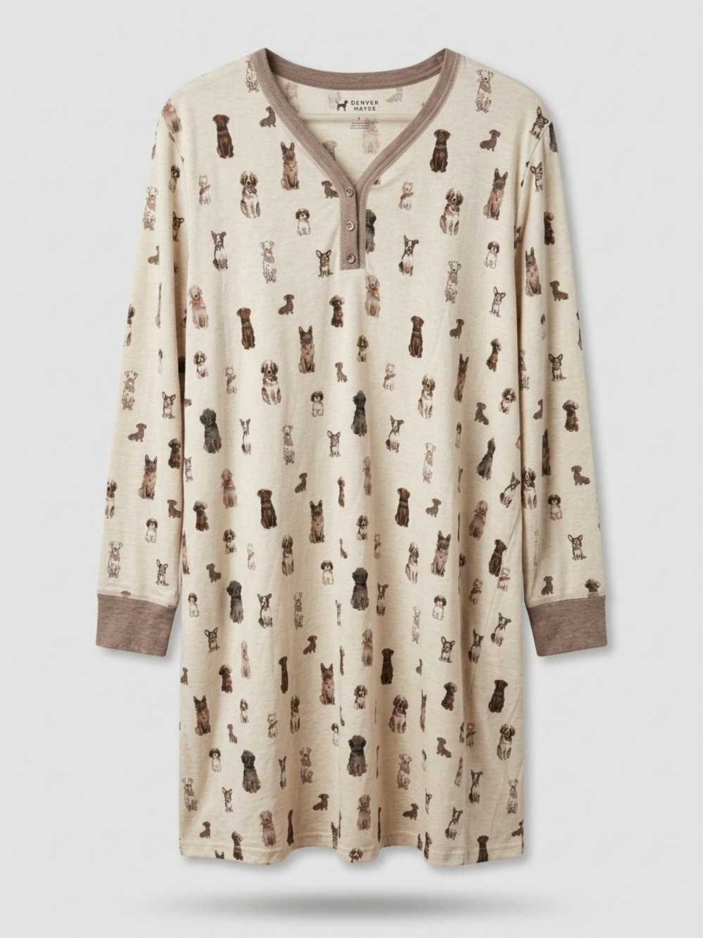 Denver Hayes Dog Print Sleepwear Nightgown Henley Style Soft Loungewear